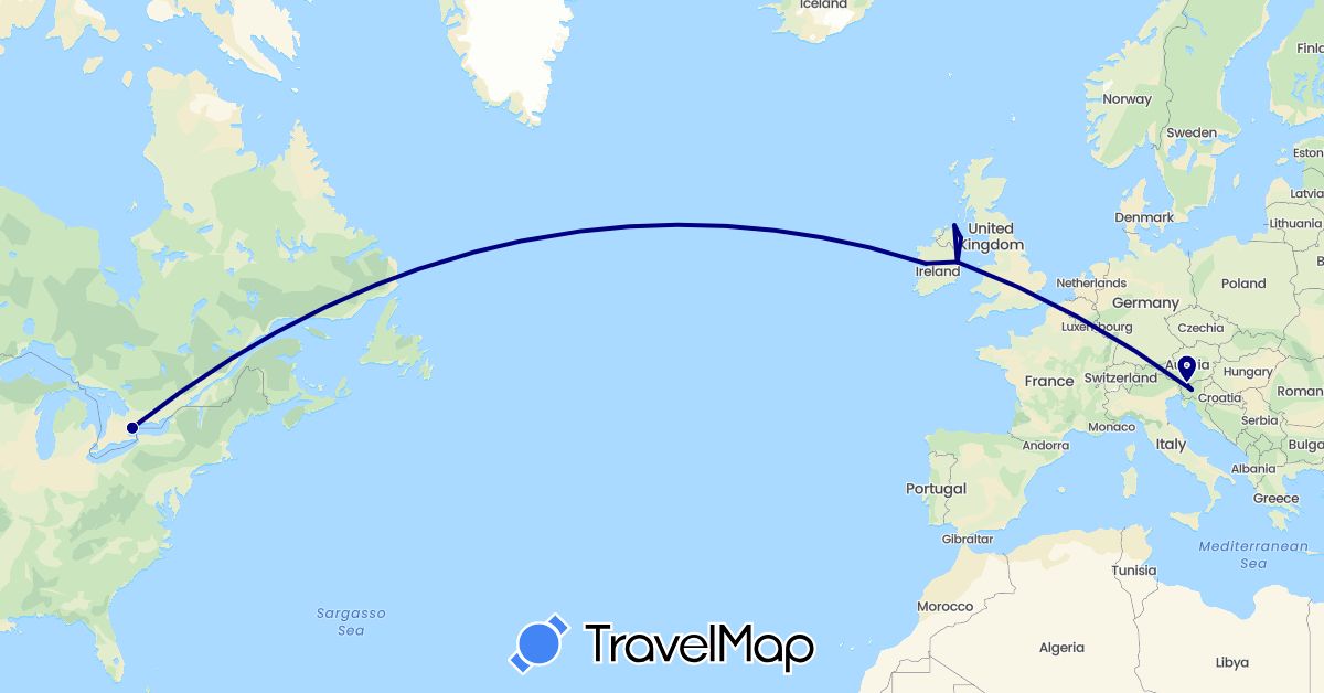 TravelMap itinerary: driving in Canada, United Kingdom, Ireland, Slovenia (Europe, North America)