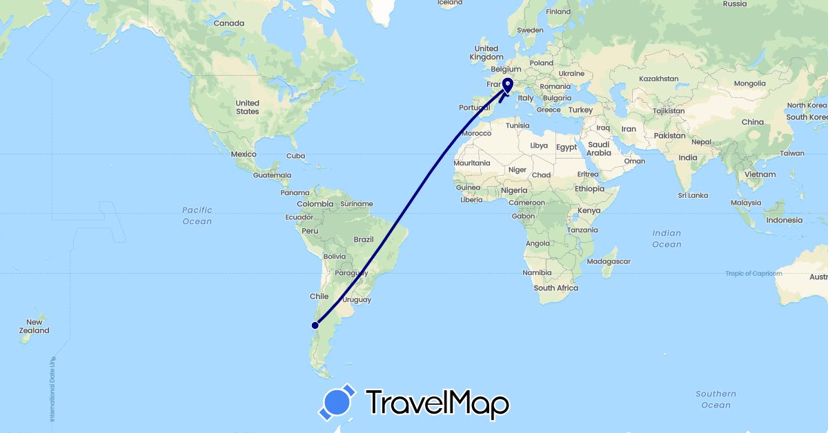 TravelMap itinerary: driving in Switzerland, Chile, Spain, France (Europe, South America)